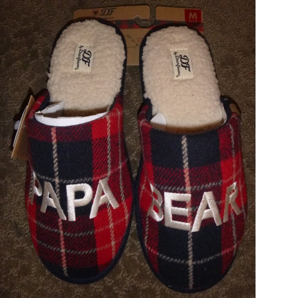 Mens Dearfoams PAPA BEAR Plaid Sherpa Lined Scuff Slippers Size 7/8 9/10 13/14
